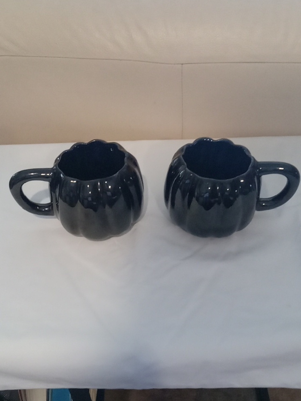 Anthropologie Glossy Black Ceramic Pumpkin Mugs - Set of 2